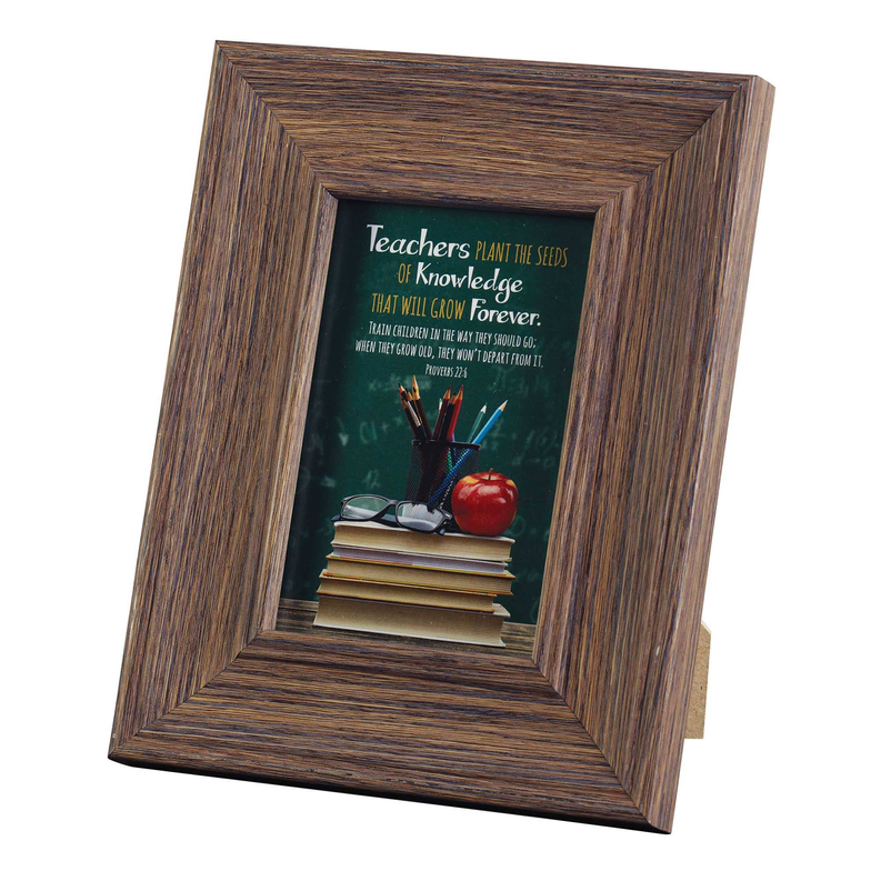 Wood photo frame with 'Teachers Plant the Seeds' quote and classroom supplies artwork