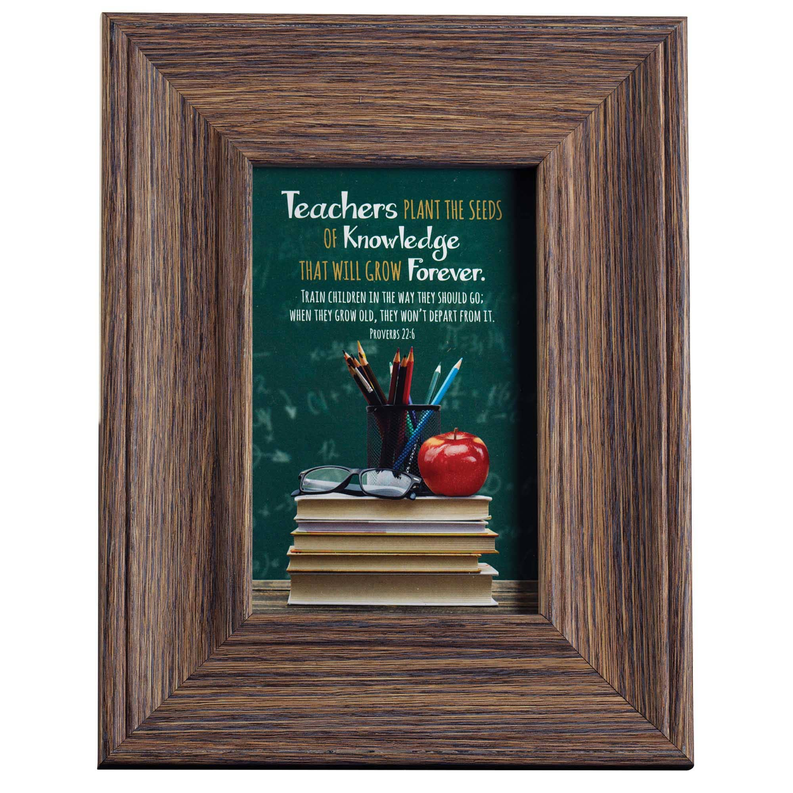 Wood photo frame with 'Teachers Plant the Seeds' quote over books and apple illustration
