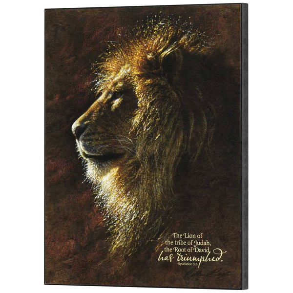 Rectangular wall plaque with gold lion portrait and script text on dark background