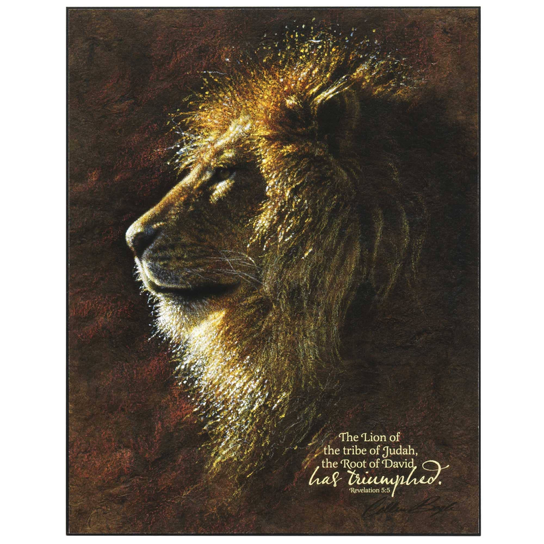 Rectangular wall plaque featuring full gold lion profile and script text bottom-right
