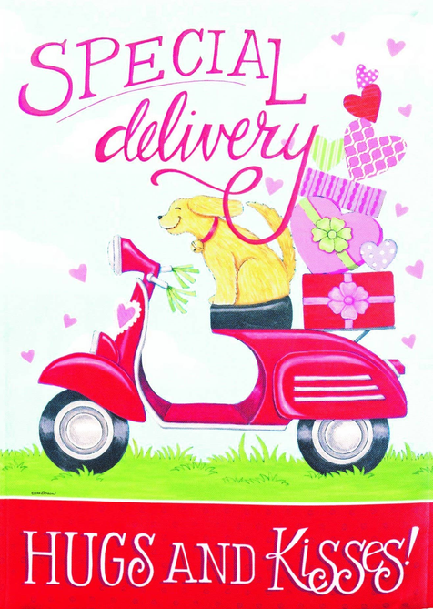 Decorative garden flag close-up with 'Special delivery', girl, and red scooter