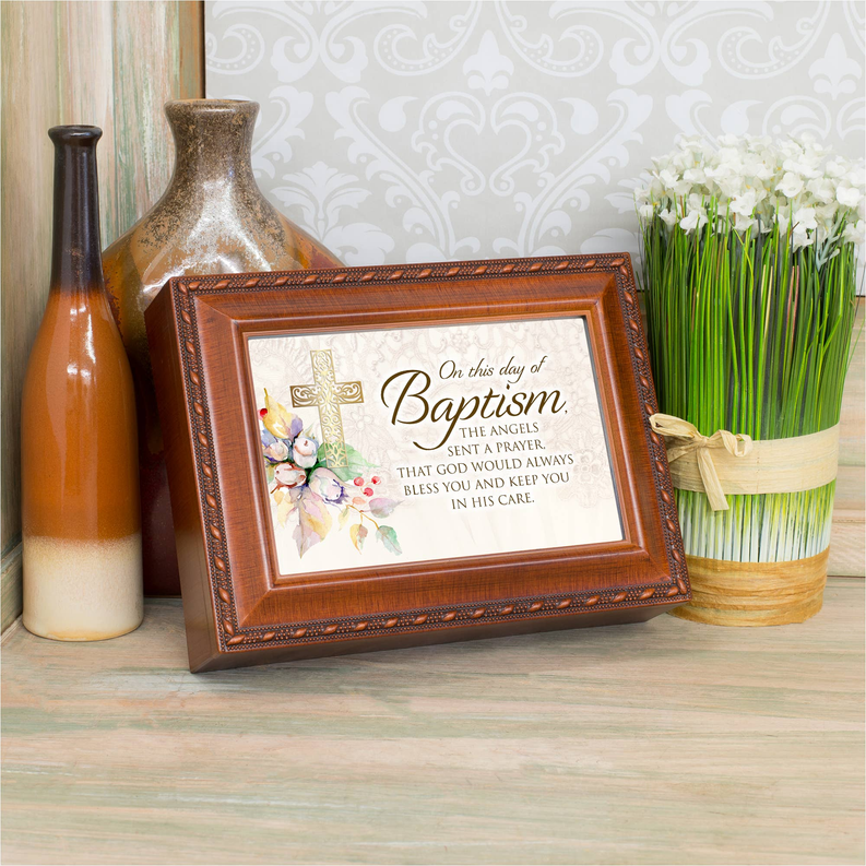 Standing wooden baptism frame with prayer text and angel cross floral artwork