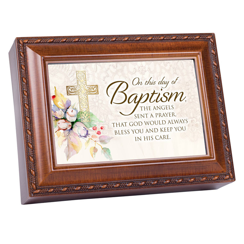Brown wooden baptism picture frame with prayer verse and angel cross floral design