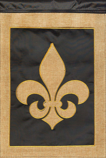 Fleur de lis burlap flag with black field and gold fleur-de-lis applique, close-up view
