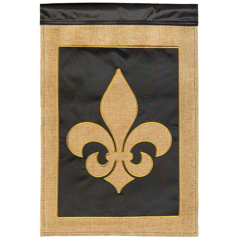 Fleur de lis burlap flag, black center panel with gold fleur-de-lis emblem, full view