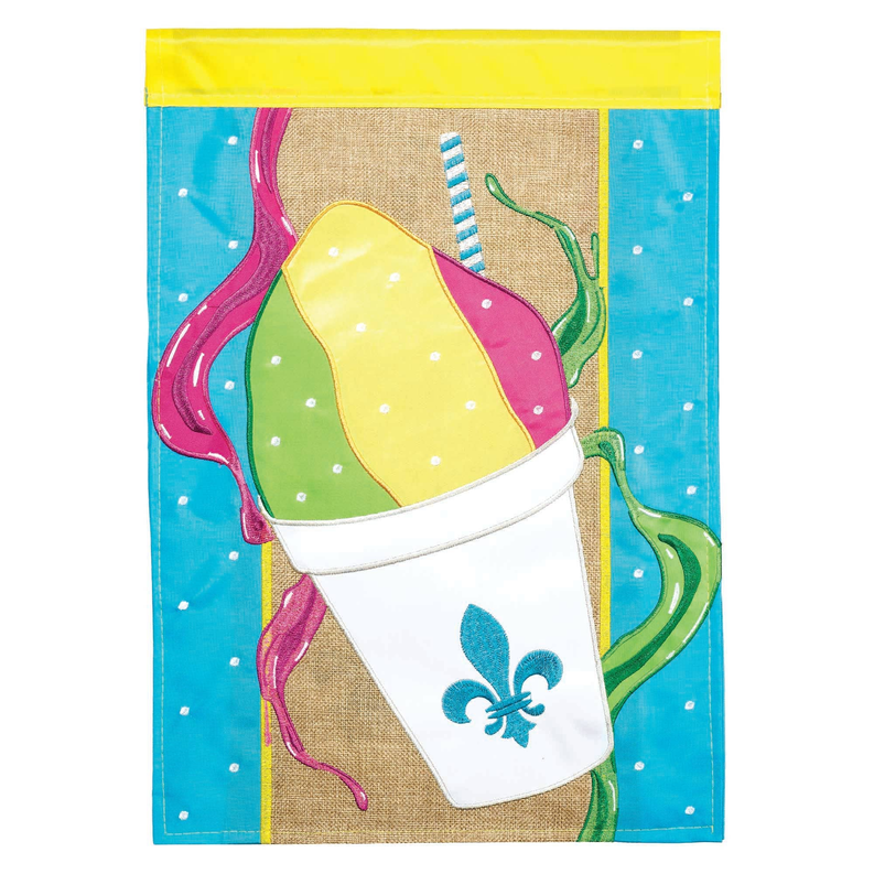 Applique garden flag with burlap center, yellow scoop, green handle, white bag, blue background