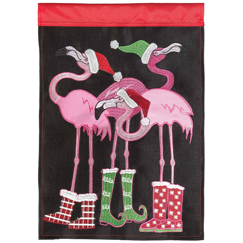 Christmas flamingo flag with pink flamingos, boots, and gift stockings