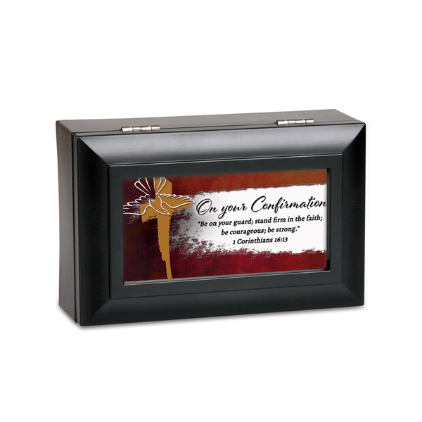 Black confirmation keepsake frame with scripture text and dove cross graphic inside