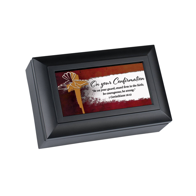 Black confirmation keepsake frame, angled view, scripture text and dove cross artwork