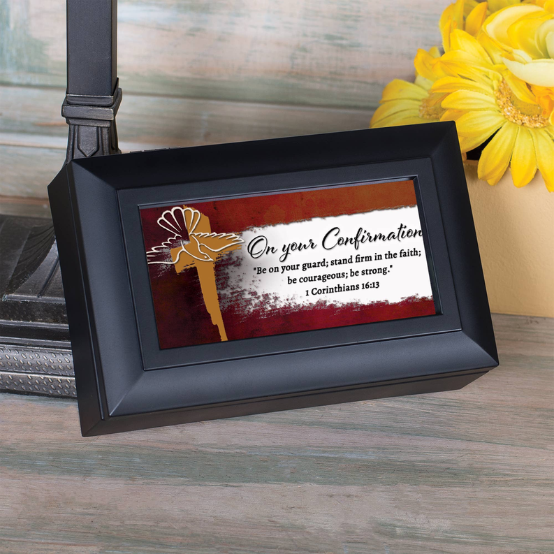 Black confirmation keepsake frame on table, dove cross and scripture quote design