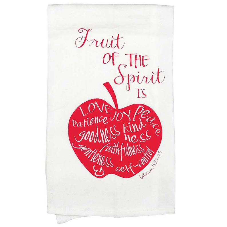 White flour sack towel with red heart 'Fruit of the Spirit' print