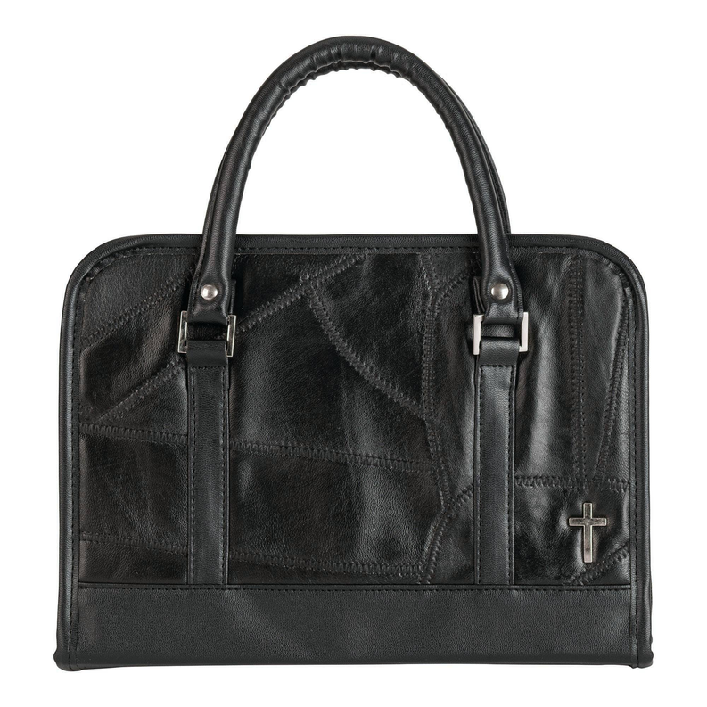 Black patchwork leather-look purse-style Bible case with top handles and cross emblem