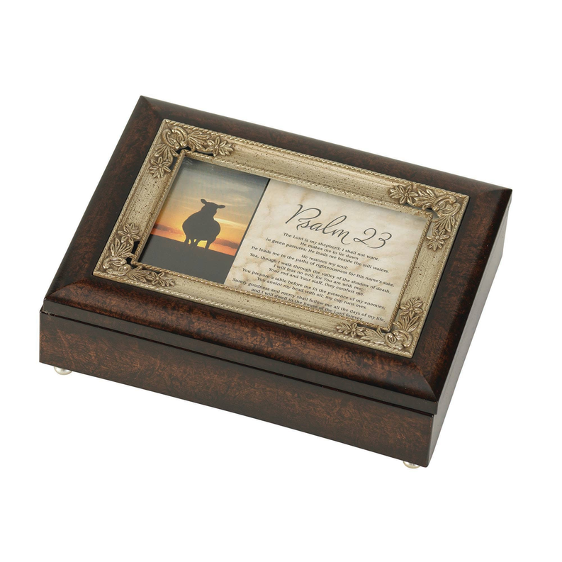 Dark brown music box with ornate gold frame, showing lamb silhouette and Psalm 23 card