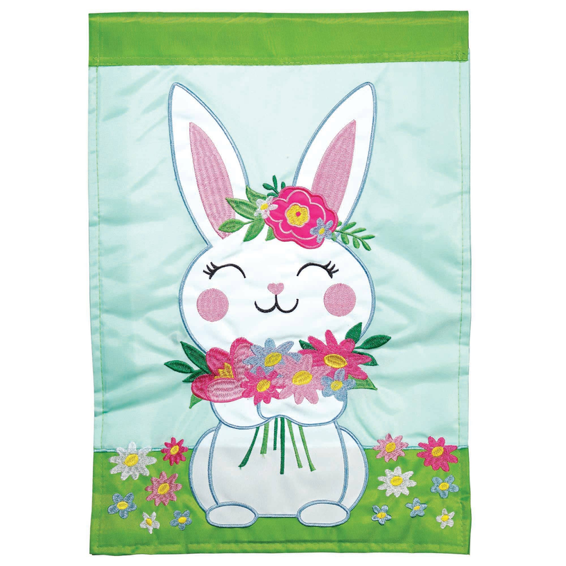 Easter bunny garden flag with appliqued bunny face holding a bouquet, bordered in green
