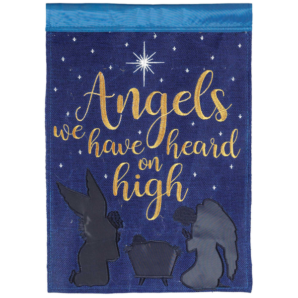Navy burlap garden flag with gold "Angels we have heard" text and angel nativity silhouettes
