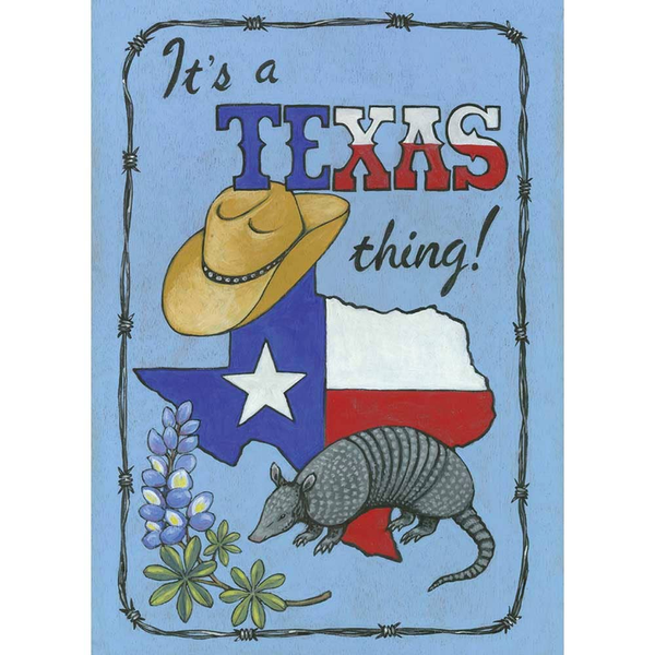 Texas-themed wall art with cowboy hat, armadillo, Texas flag, flowers, and text