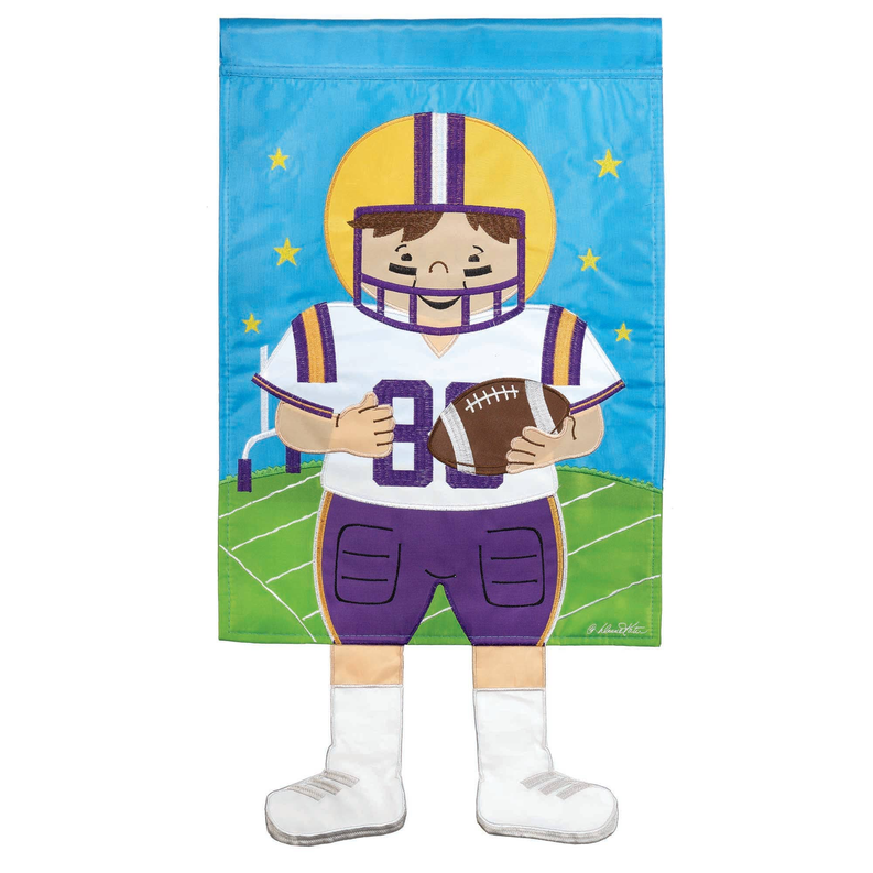 Louisiana football player decorative banner with helmet, jersey, and football graphic