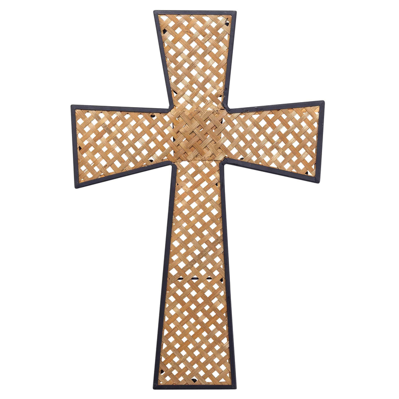 Basket weave wall cross, brown woven lattice with dark metal border, 18 in tall