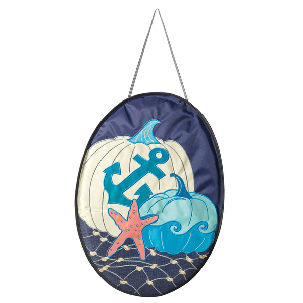 Navy oval fabric door banner with anchor, starfish, and sea waves graphic