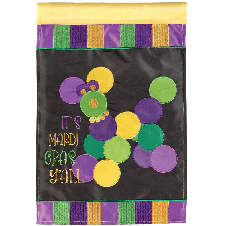 Mardi Gras bead dog garden flag with colorful bead flowers and 'It's Mardi Gras Y'all' message