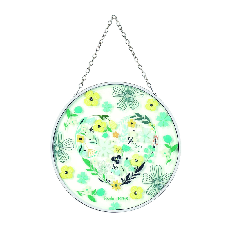 Hanging floral suncatcher with green chain, multicolor leaves and flowers, Psalm 143:8