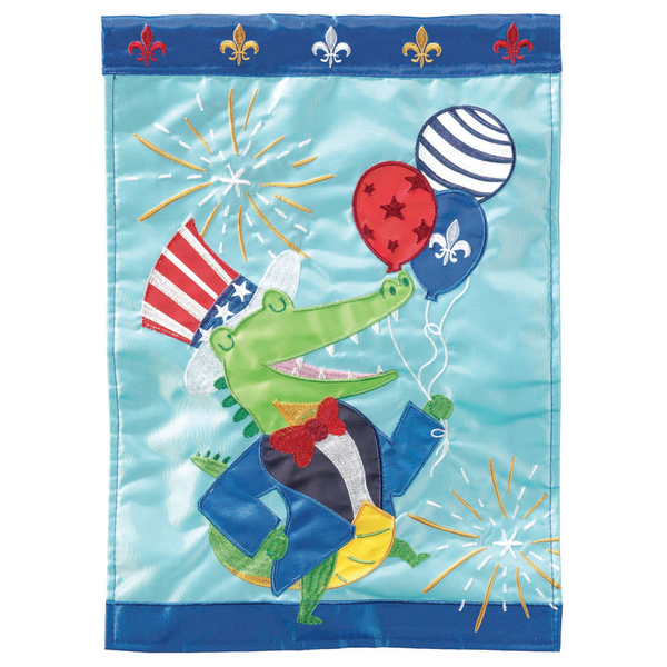 Poly decorative garden flag with cartoon alligator holding red, blue, and striped balloons