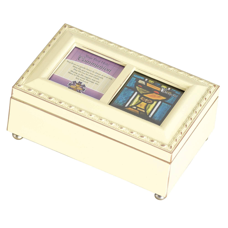 Ivory music box with open lid and two framed song cards, jeweled border trim
