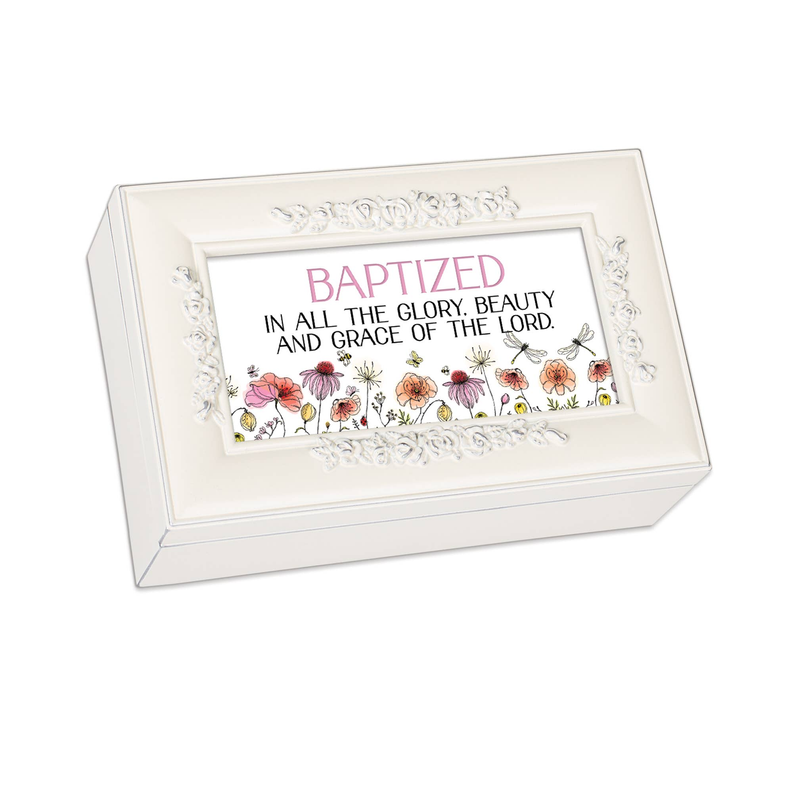 White keepsake box with floral scripture insert and ornate raised frame on lid