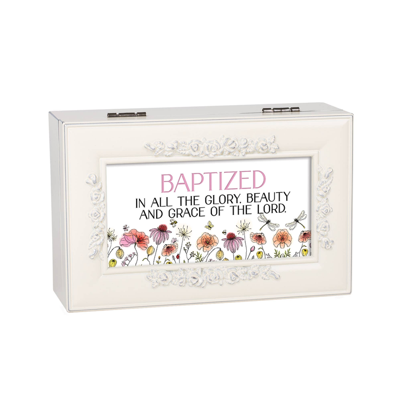 White hinged keepsake box with floral scripture panel reading “Baptized...the Lord”