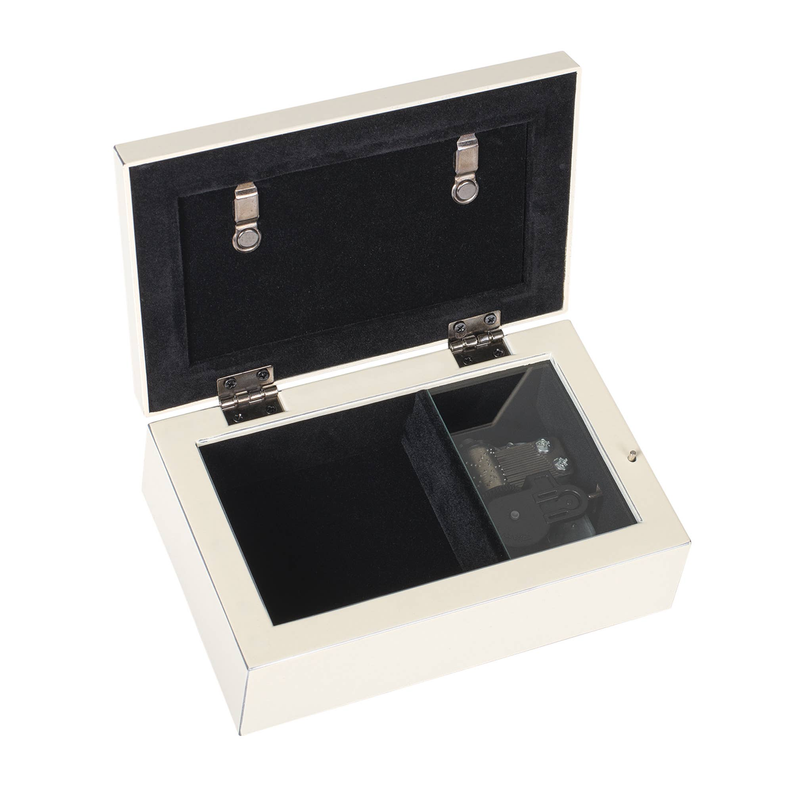 Open white keepsake box with black-lined interior and metal latch clasp