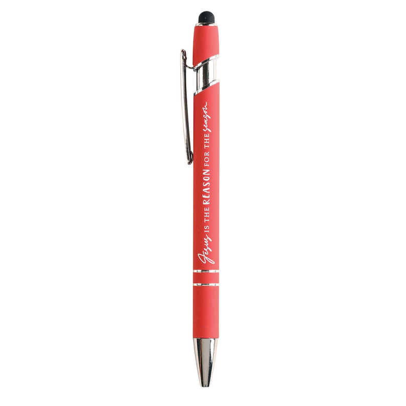 Red ballpoint pen with black cap and white printed holiday message