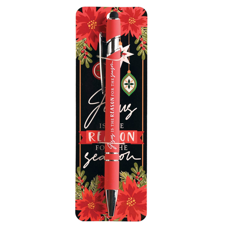 Red pen in holiday blister pack with floral design and green accents