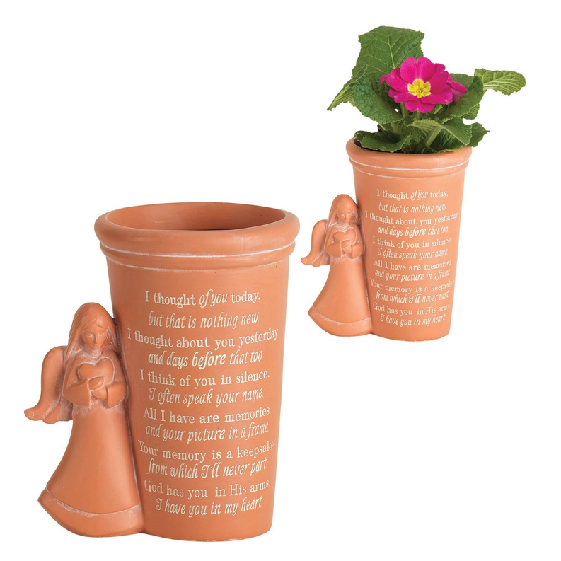 Terracotta angel garden pots with poem text and small angel figurines