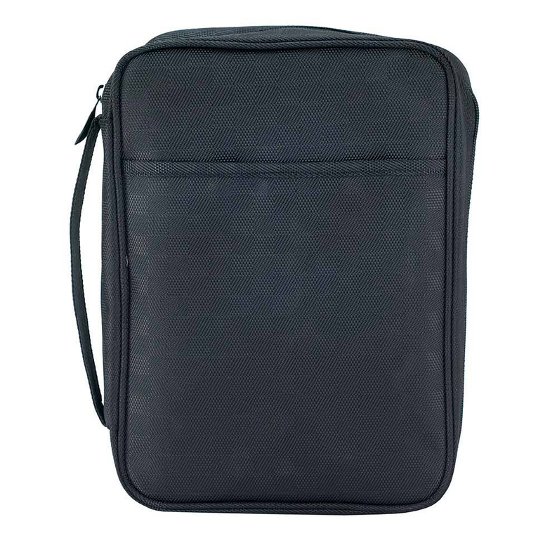 Jacquard check polyester zip pouch with top handle, dark textured fabric