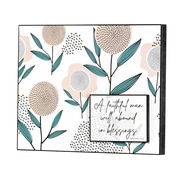 Stacked wall plaque with dandelion floral print and faith message in framed text