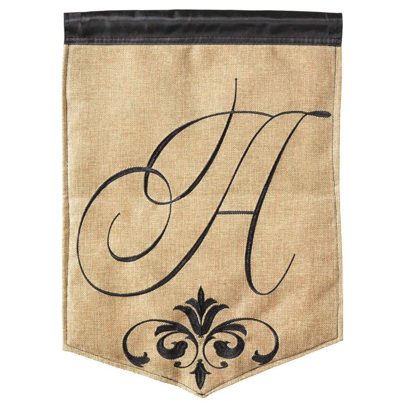 Burlap garden monogram flag with black letter A and decorative fleur-de-lis