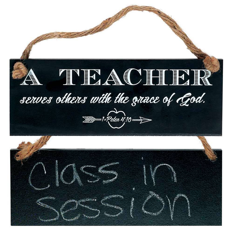 Teacher wall plaque with jute rope hanger, black text reading “A TEACHER” and “Class in Session”