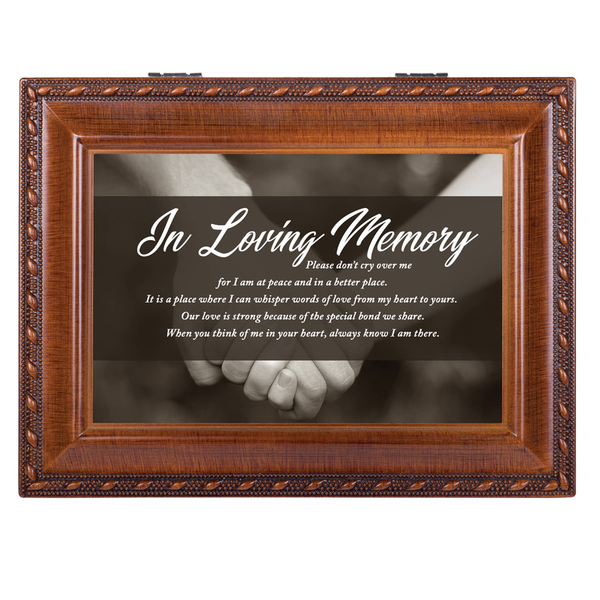 Wooden memorial photo frame with 'In Loving Memory' text and handshake graphic