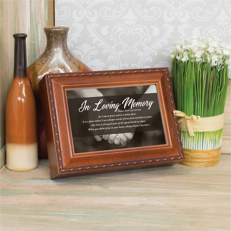 Wooden memorial photo frame with 'In Loving Memory' quote and handshake image