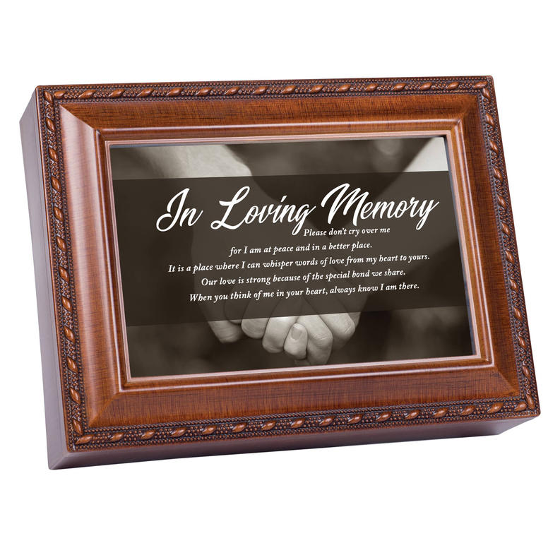 Wooden memorial photo frame, 'In Loving Memory' quote on dark glass with handshake