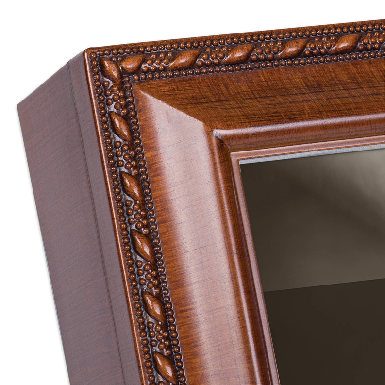 Wooden memorial photo frame corner with beaded border and glass panel