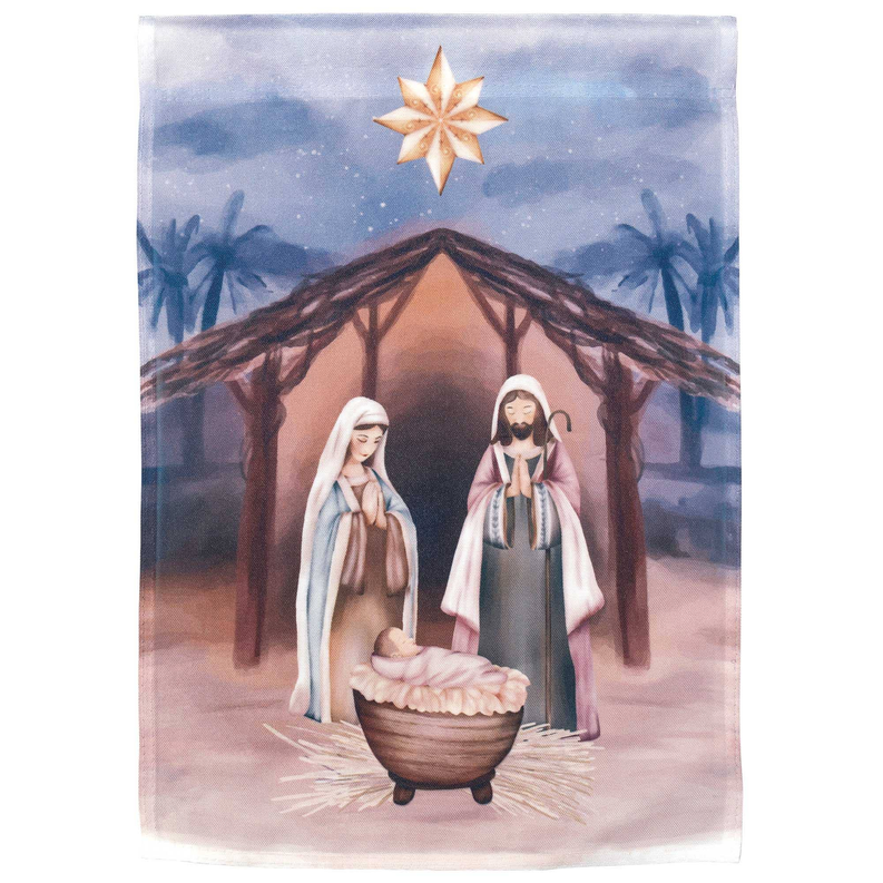 Nativity scene garden flag with holy family in a manger beneath a star