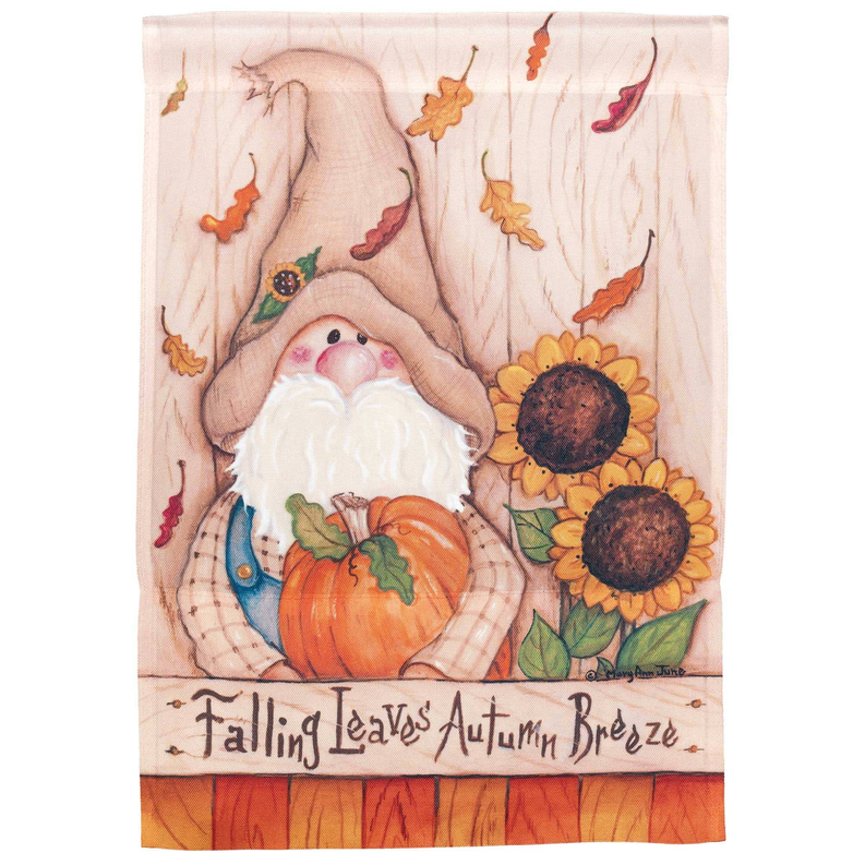 Autumn gnome flag with pumpkin, sunflowers, falling leaves, “Falling Leaves Autumn Breeze”