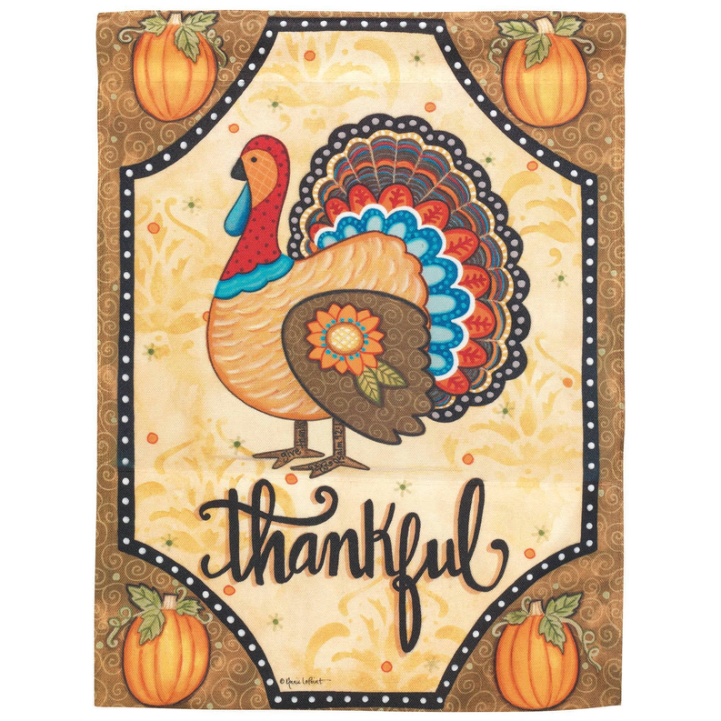 Turkey thankful print flag with colorful turkey, pumpkins, and Thankful text
