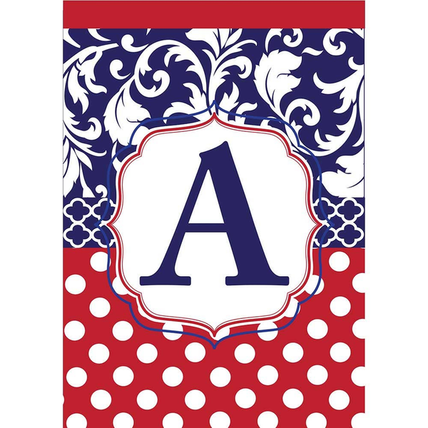 Garden monogram with large letter A in navy and white on red patterned background