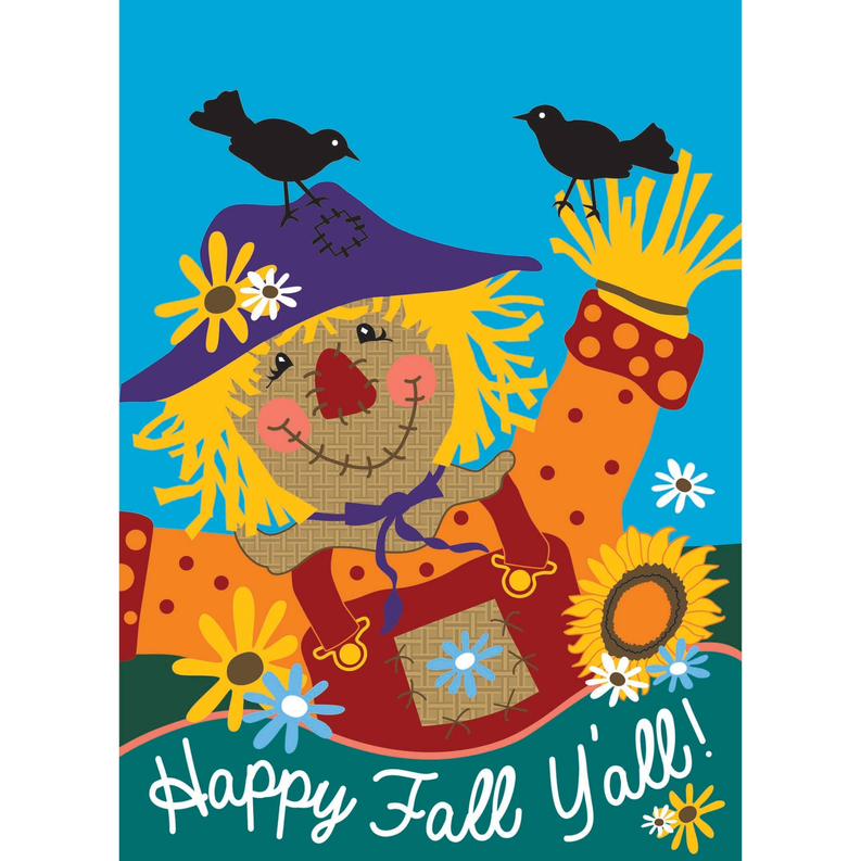 Happy Fall Y'All garden crow and scarecrow decorative flag with printed seasonal lettering