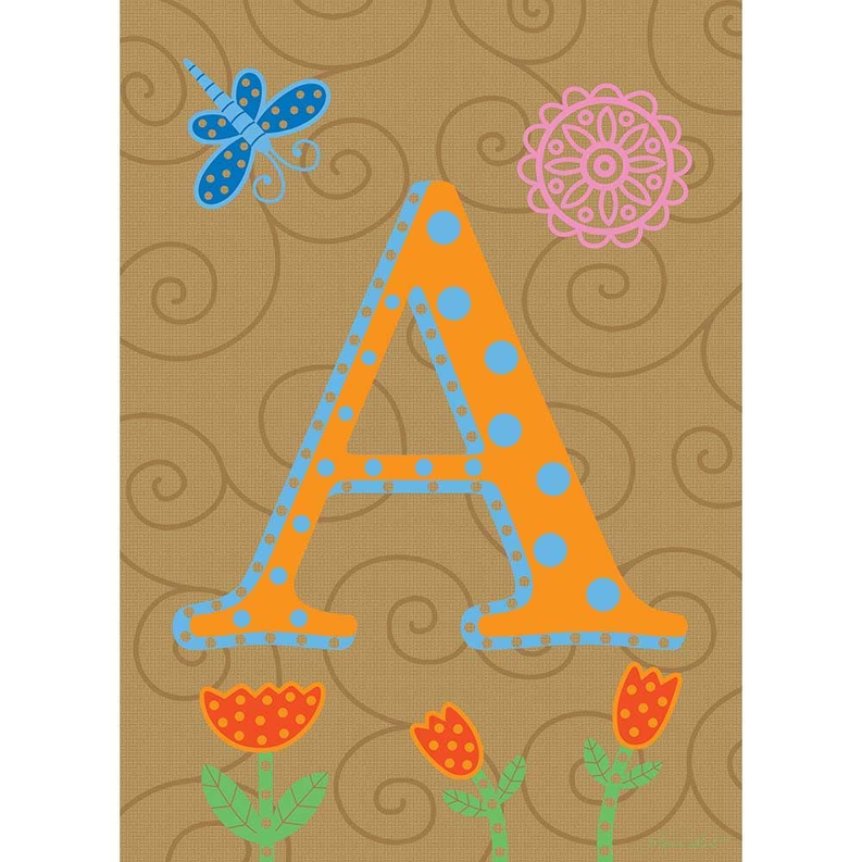 Garden monogram flag with orange letter A, polka dots, flowers, and butterfly
