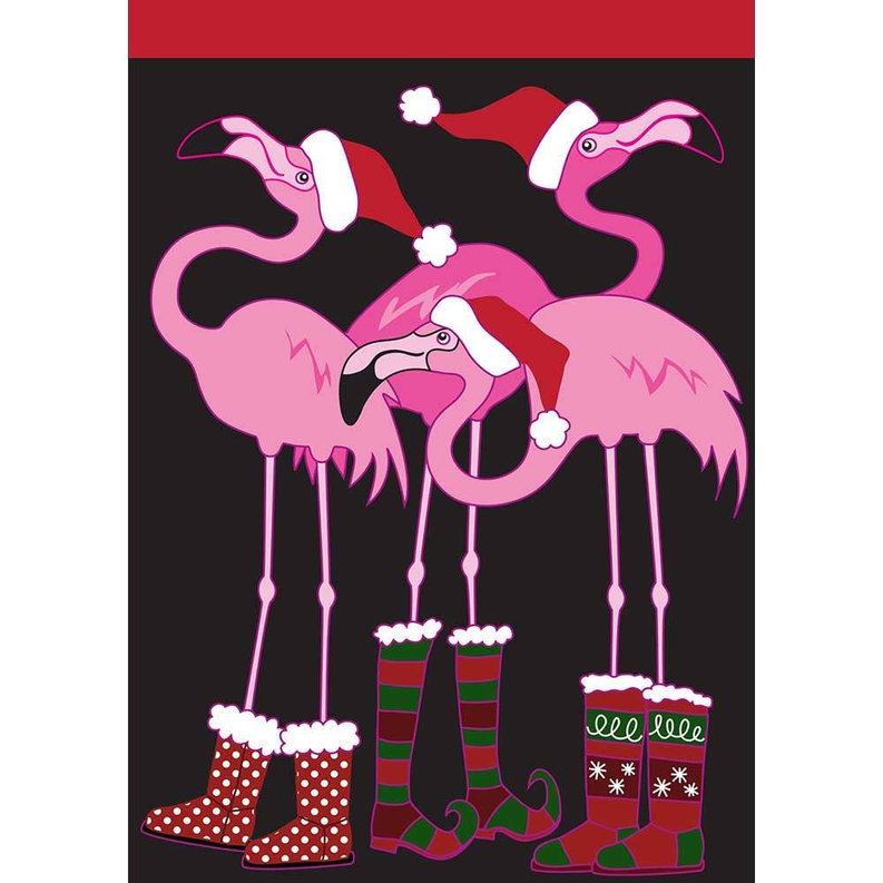 Christmas flamingo yard flag with pink flamingos, stockings and gift boxes