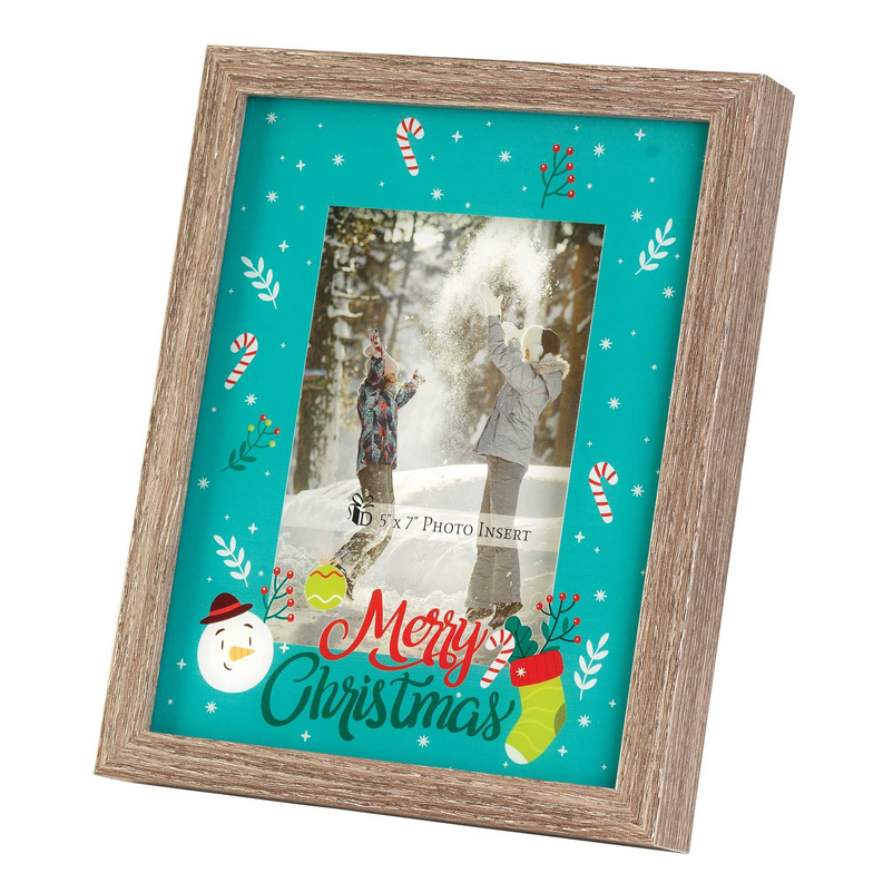 Wood photo frame with Merry Christmas card insert featuring snowman, candy canes, and trees