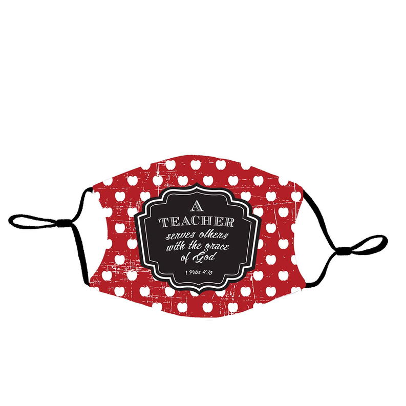 Red teacher face mask with white pattern and black center badge